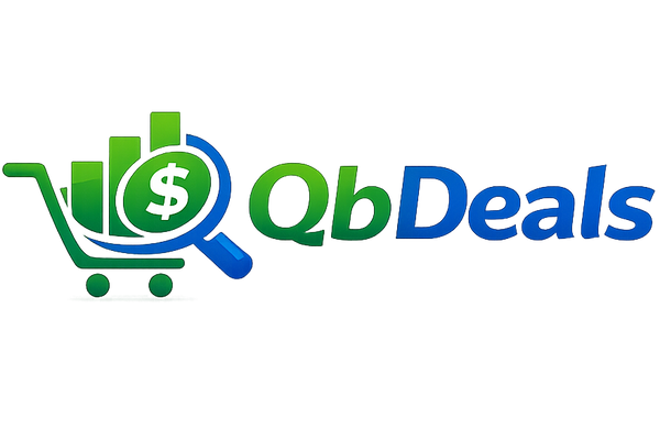 A digital logo for 'QbDeals' featuring a green shopping cart with a dollar sign and bar chart icon, alongside a green-to-blue gradient 'Qb' and blue 'Deals' text, on a plain white background.